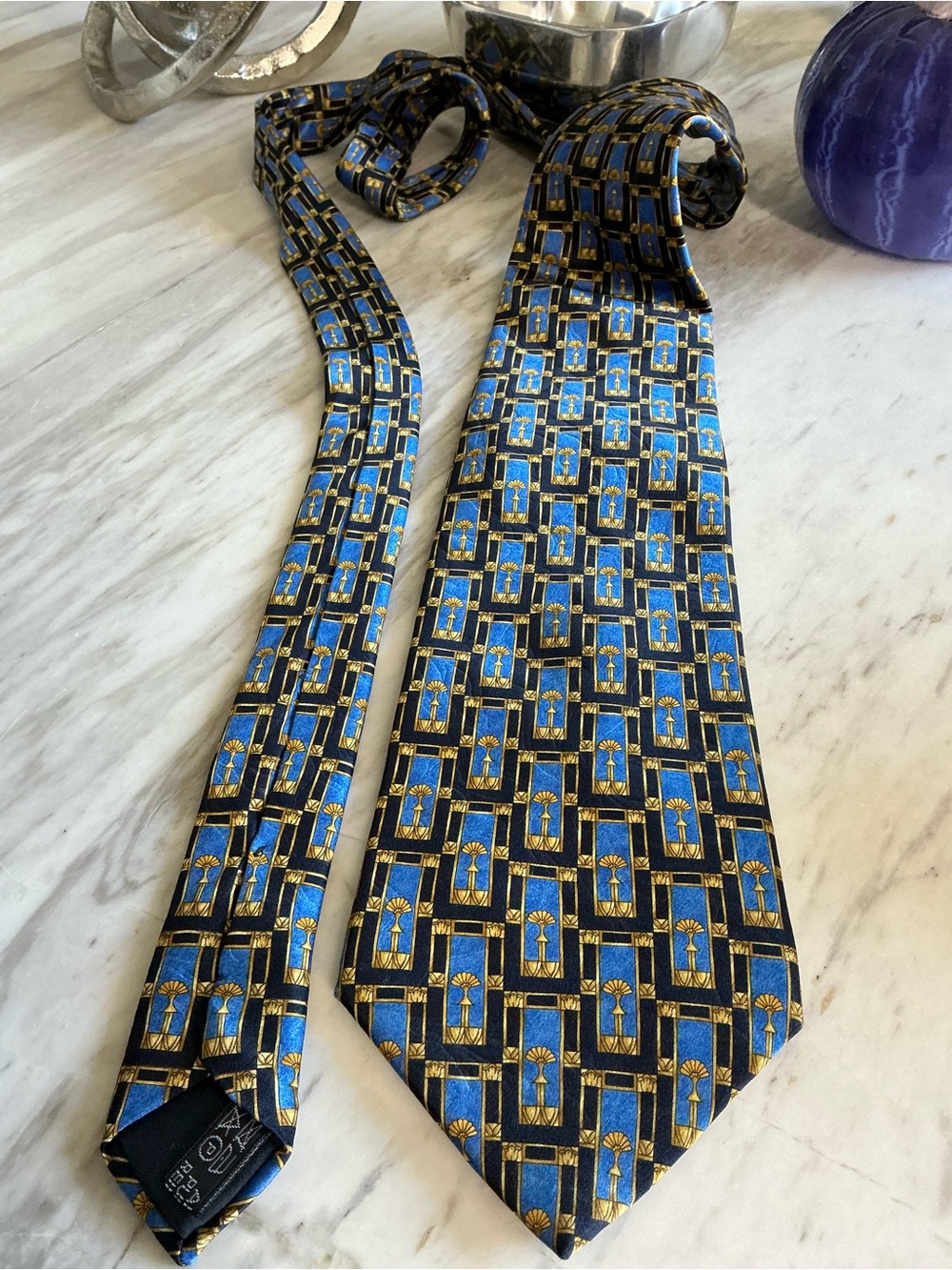 Lanvin Blue and Gold Art Deco Silk Tie
